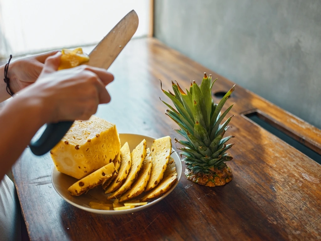 Person slicing a fresh pineapple on a wooden table, with neatly cut pieces arranged in a white bowl and the leafy top set nearby