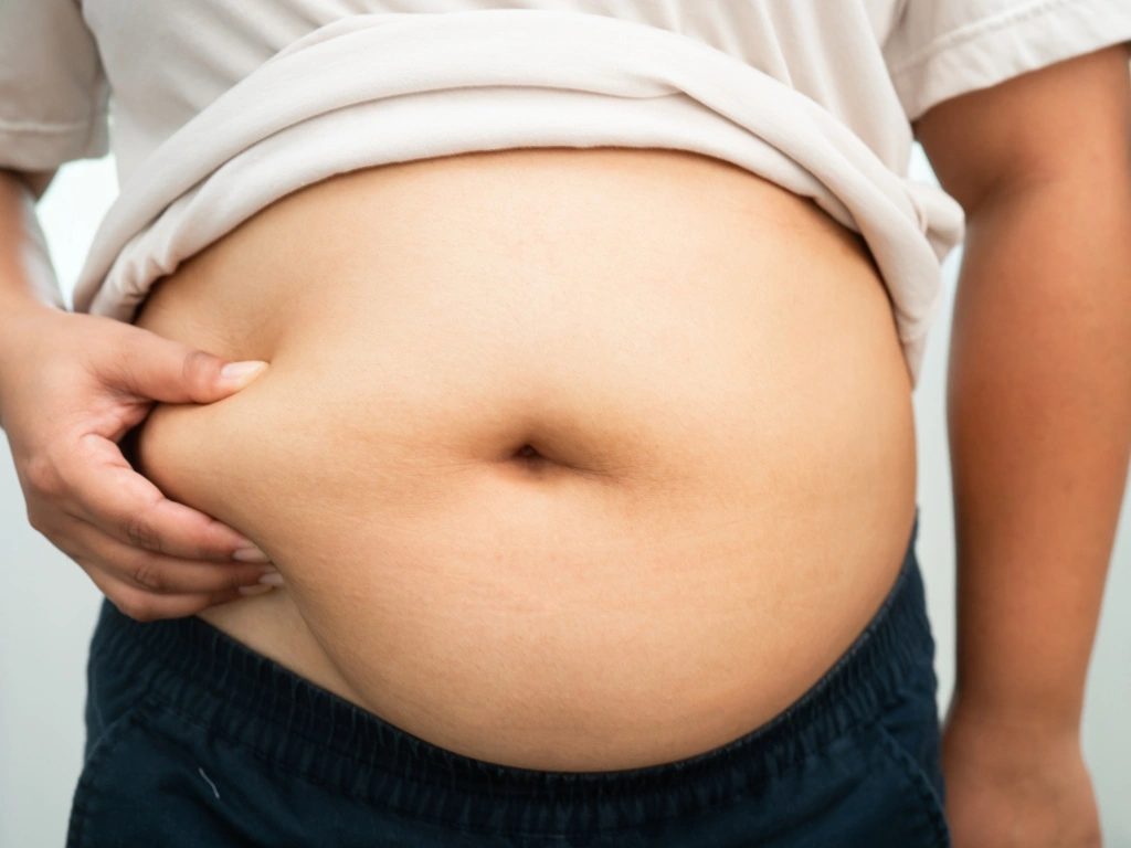 Person with shirt up pinching a part of their stomach