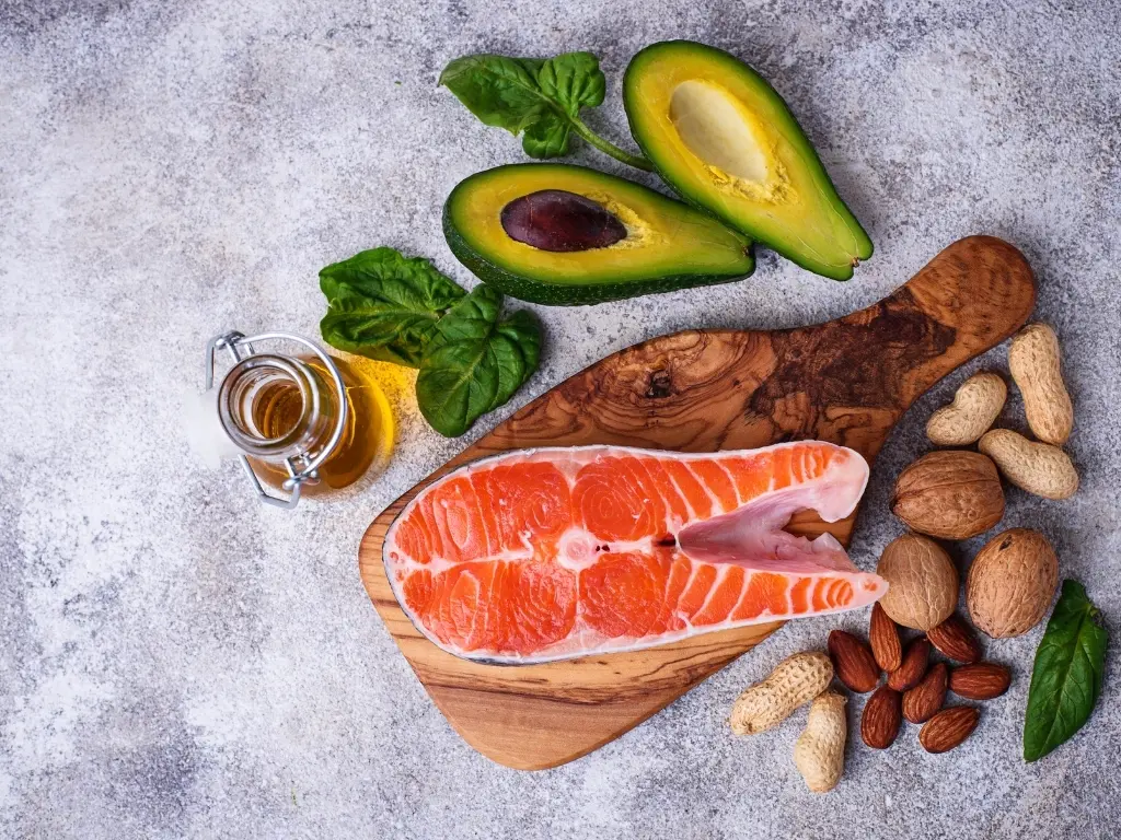 Salmon, Avocado, Nuts, Olive Oil.