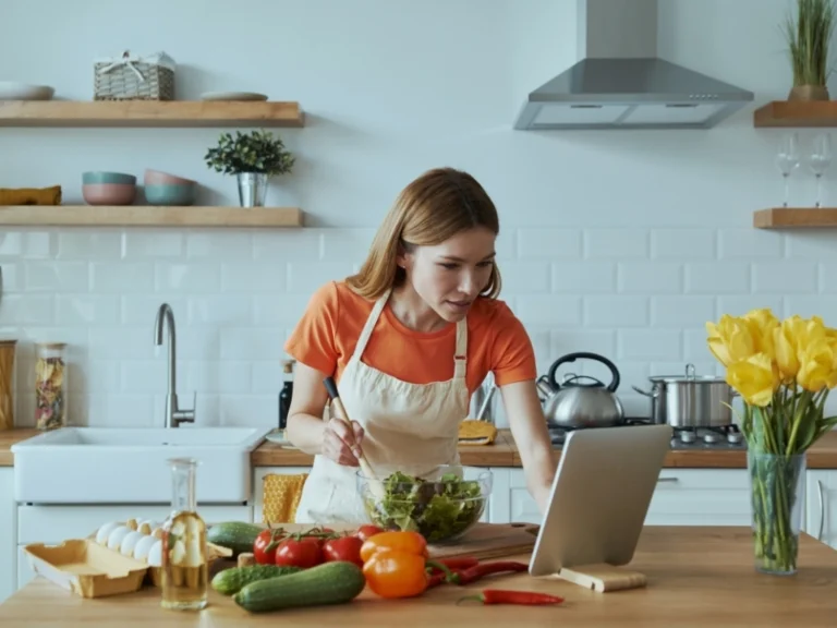 A woman preparing a healthy meal while reviewing an Ozempic diet plan PDF on her laptop