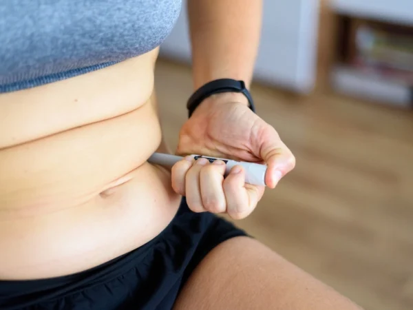 Woman holding an injection pen against her abdomen to administer medication