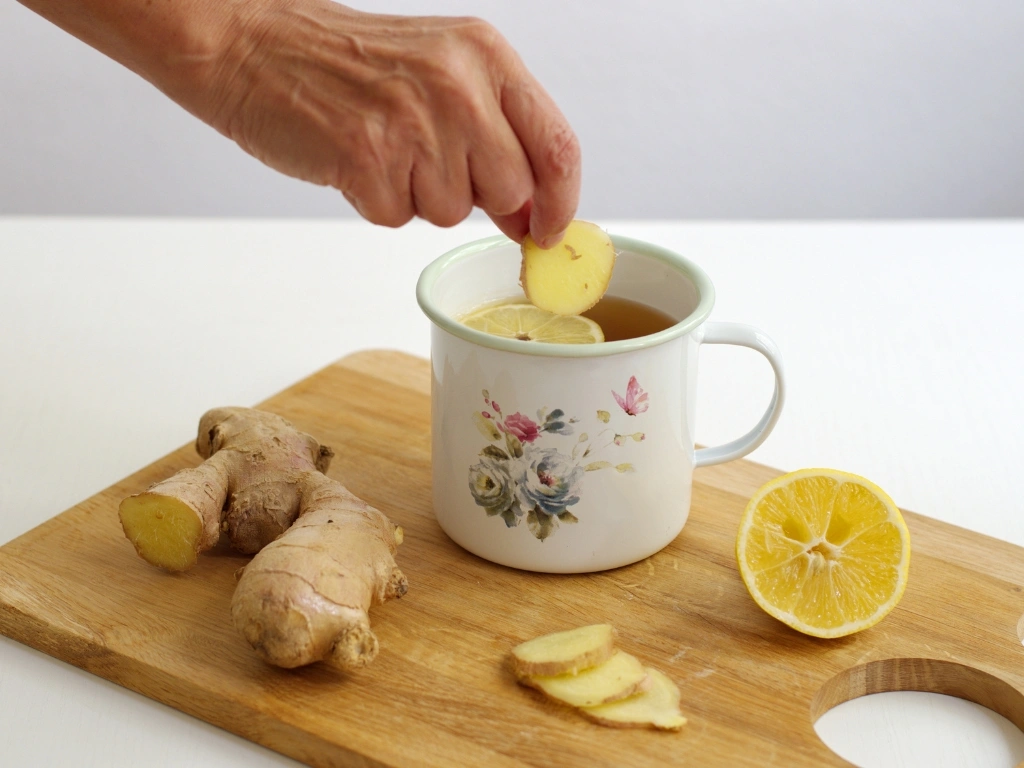 Woman putting slices of ginger root into a cup of tea