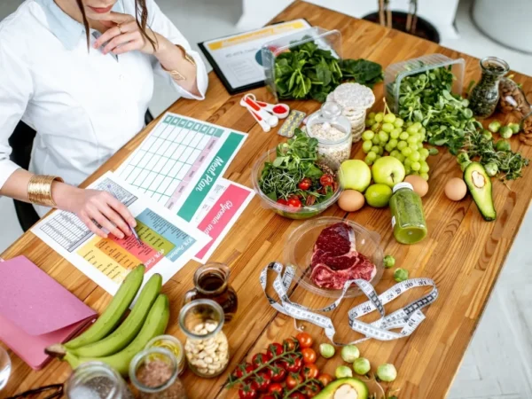 Dietitian writing a meal plan on a desk surrounded by healthy foods and sketches about nutrition