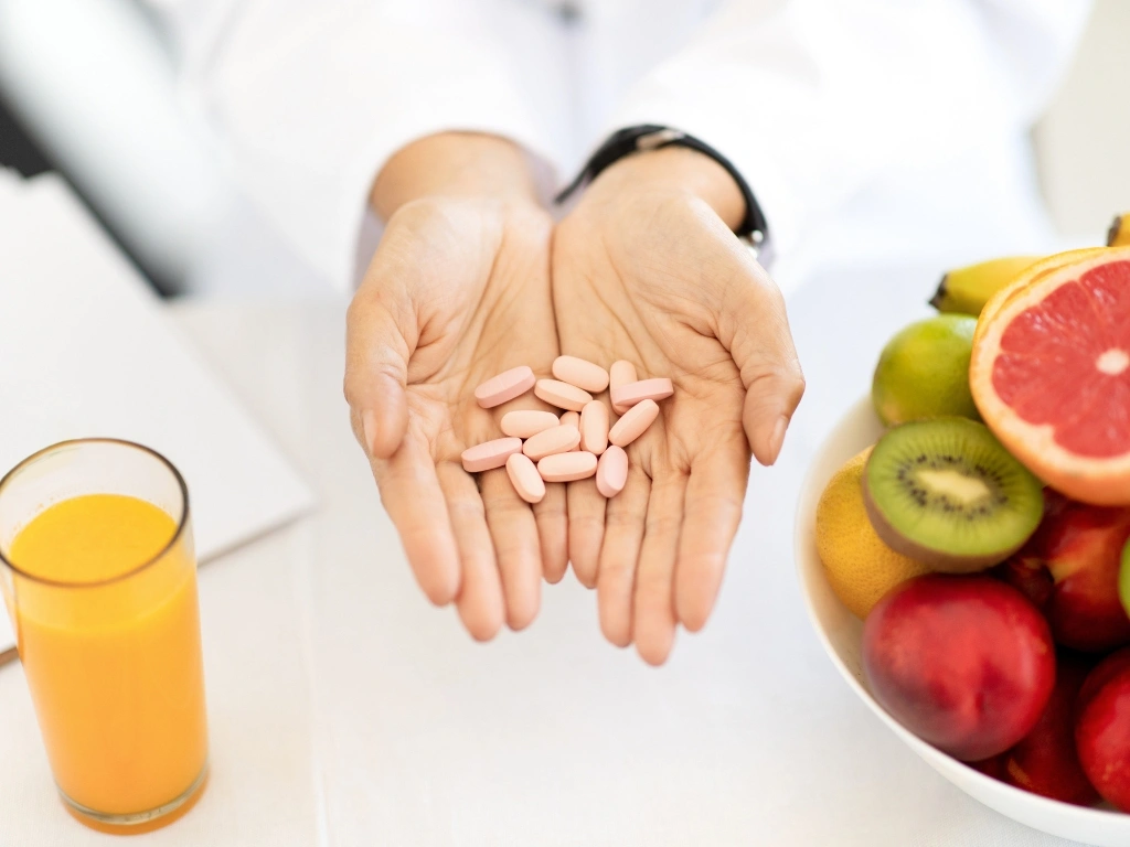Close-up of hands holding Crohn’s supplement capsules, with a bowl of fruit and a glass of juice nearby