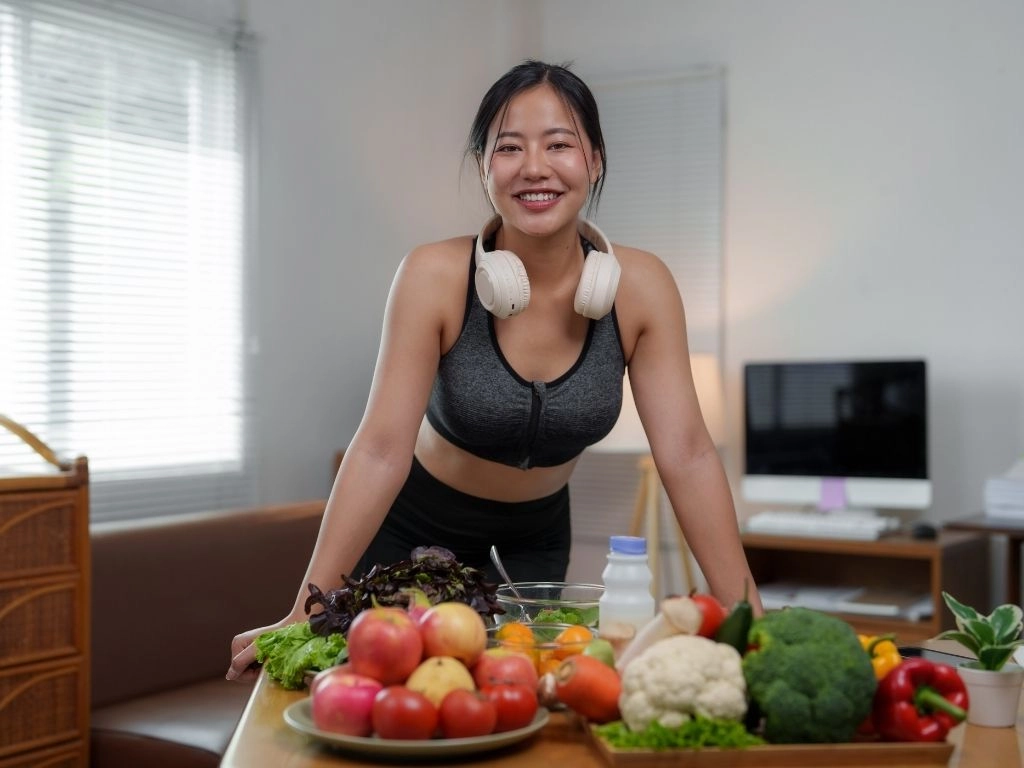 Woman in sportswear preparing a nutritious post-workout meal