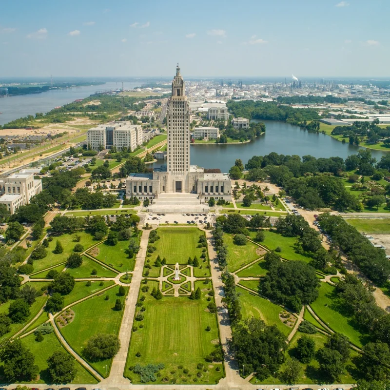 aerial view of the Louisiana State Capitol building in Baton Rouge, Louisiana.