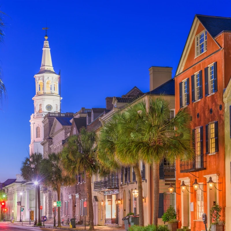 Charleston, South Carolina, USA cityscape in the historic French Quarter.