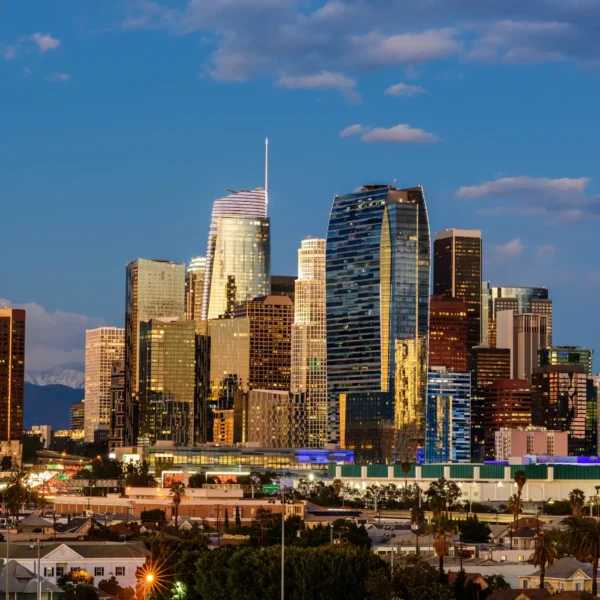 Downtown Los Angeles skyline at sunset