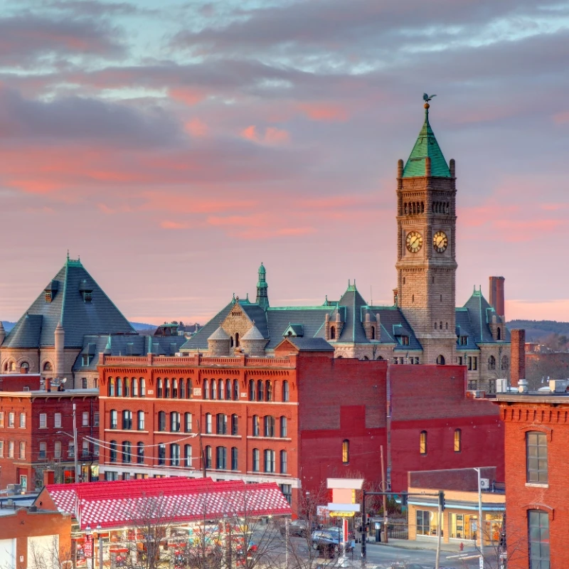 The City Hall of Lowell, Massachusetts, at sunset.
