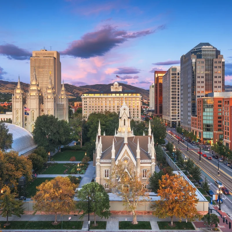 Salt Lake City, Utah, USA downtown cityscape over Temple Square in the late afternoon